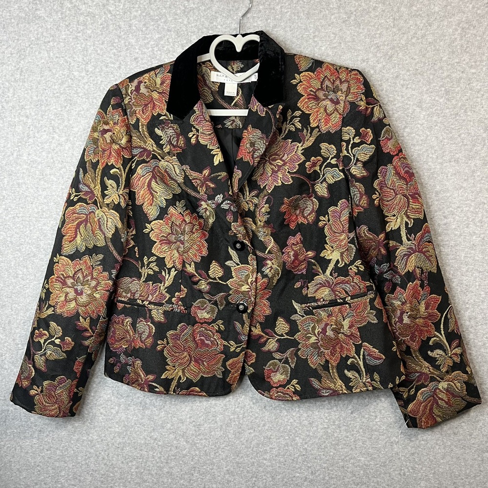 Vintage 90s Napa Valley Petite 12P Floral Tapestry Blazer Velvet Collar Jacket